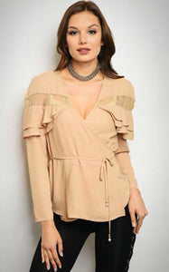 CAMEL AND LACE BEIGE TIE BLOUSE